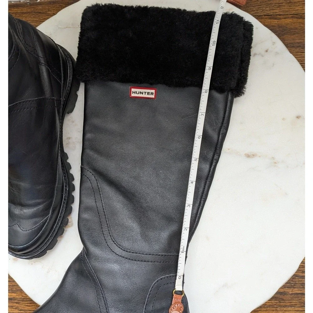 Hunter Steamboat Womens Sz 7 Black Leather Tall Boots Sheepskin Lined Waterproof